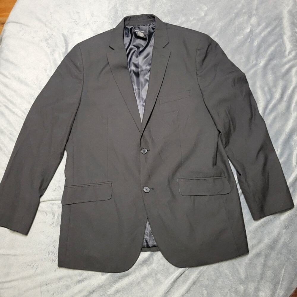 Attention Blazer Mens Large Black Two Button Flap‎ Faux Pockets Comfort Formal